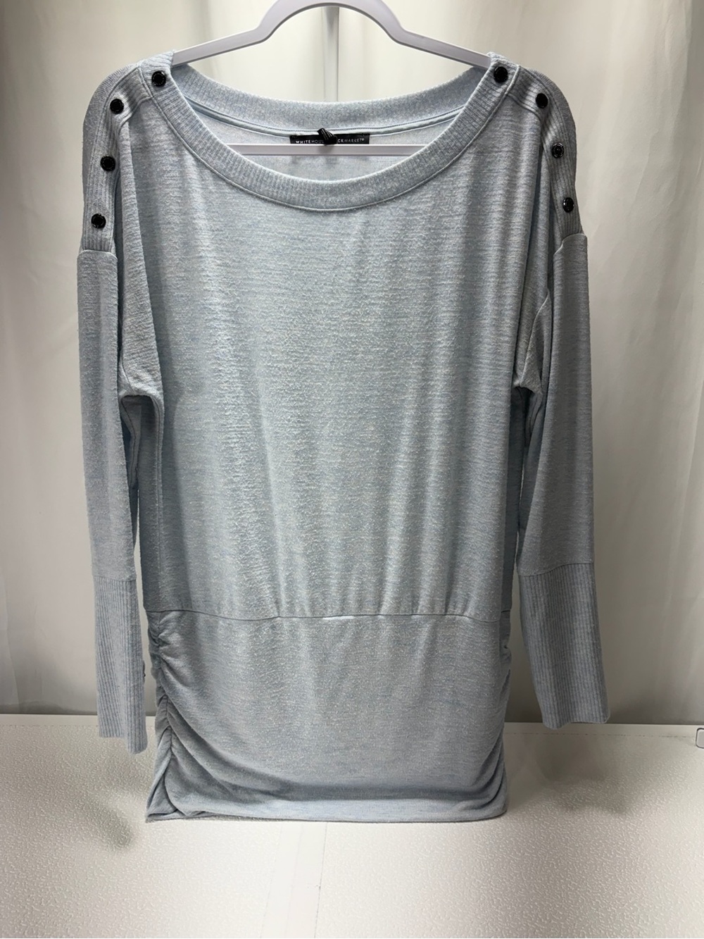 White House Black Market Pale Blue Long-Sleeve Button-Shoulder Top 4369